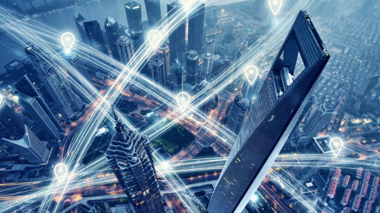 Map pin flat above city scape and network connection concept