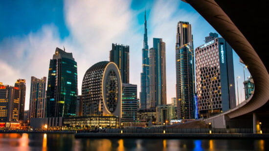 Dubai skyline view from the Marasi marina in city Business bay downtown area in the UAE